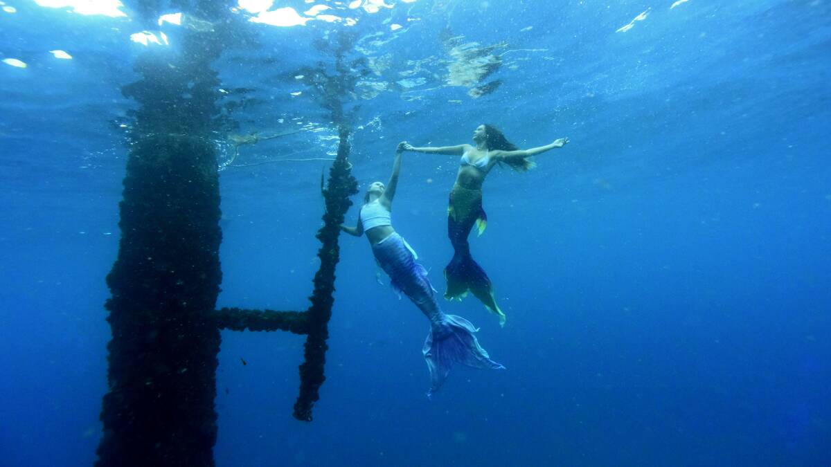 Chrissy Pignataro and Maxine McLaughlin during a mermaid free dive at the Gravel Loader Dive Site in Shell Cove on Monday. Picture by Sylvia Liber