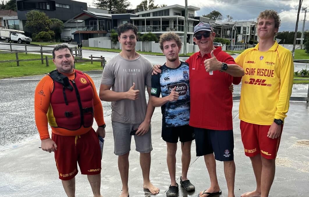 The two Berkeley men who were rescued and surf life savers Ryan Gaetani, Wayne Cavanagh and Sam Schooley. Picture supplied