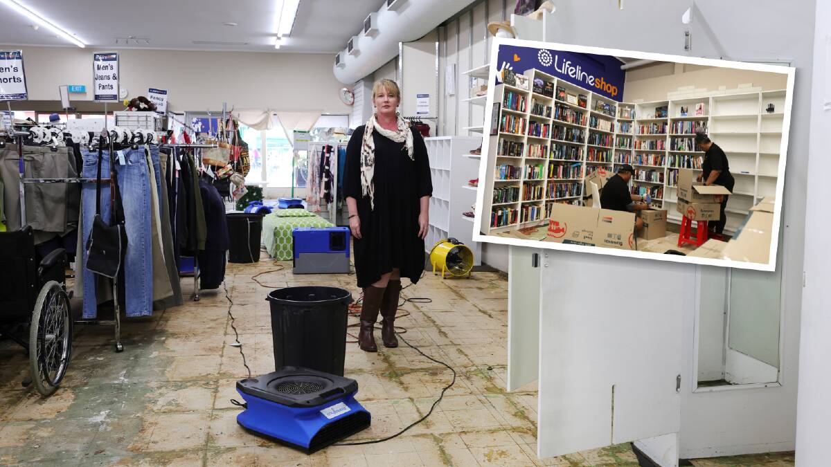 Lifeline South Coast CEO Renee Green in the stormwater damaged Corrimal store and (inset) books being removed so shelving can be thrown out. Pictures by Sylvia Liber