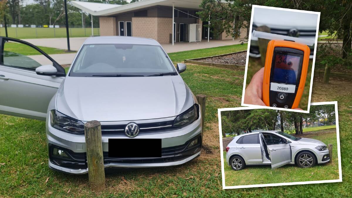 The female driver of this VW hatchback is alleged to have crashed repeated times in a Wilton sport complex on January 25. Pictures by NSW Police 