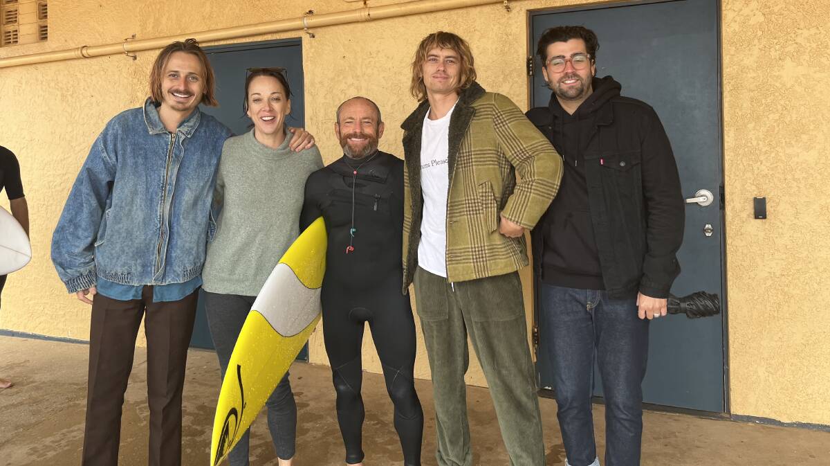 IN SUPPORT: Oli Leimbach, Independent member for Mackellar Dr Sophie Scamps, former pro surfer Tom Carroll, Louis Leimbach and Lime Cordiale drummer James Jennings. Picture: Louise Hislop