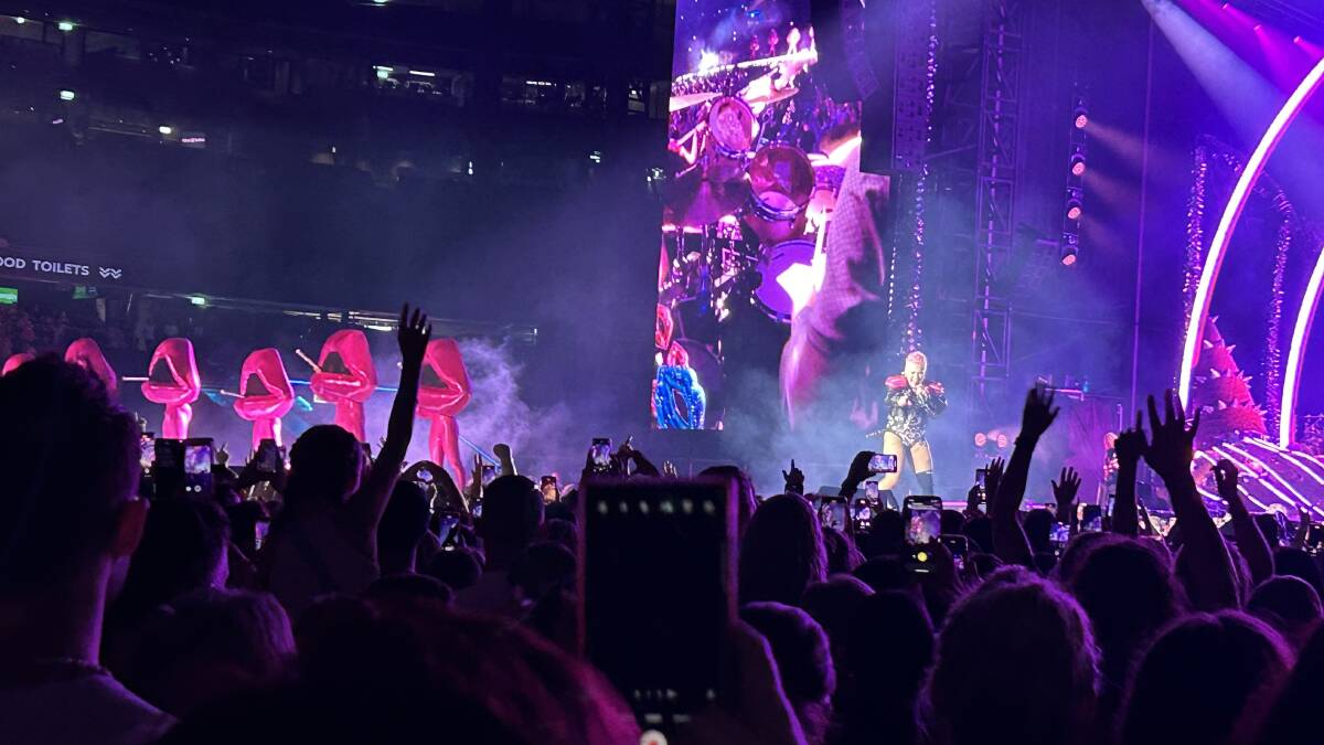 Pink wore a knee brace as she sung Blow Me (One Last Kiss) at Sydney's Allianz Stadium on February 10, 2024. Picture by Nadine Morton