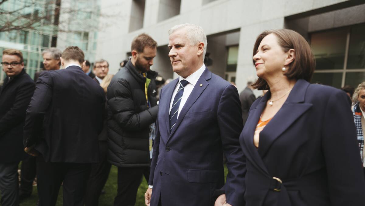 Outgoing Deputy Prime Minister Michael McCormack with his wife Catherine Shaw after fronting the media following Monday's party room spill. Picture: Dion Georgopoulos
