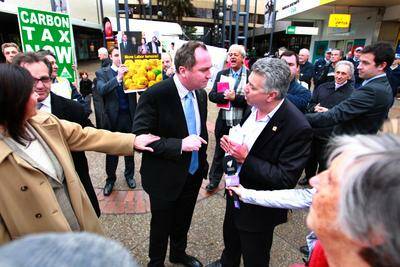 South Coast Labour Council secretary Arthur Rorris bails up Barnaby Joyce in Crown St Mall.