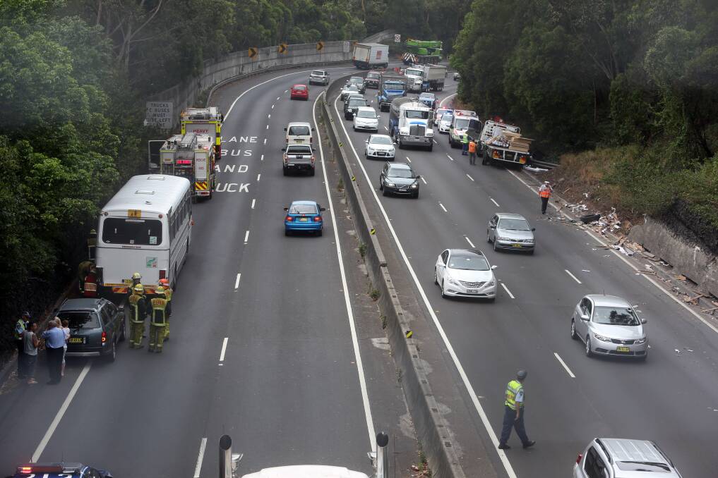 The scene of the crash at Mount Ousley Road yesterday. Picture: ROBERT PEET