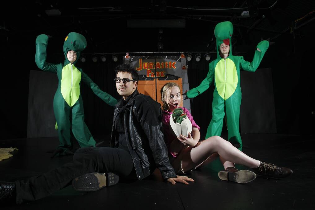 Morgan Legg, Alec William Lewis, Maggie Bridgford and Jake Russell test out the tap-dancing velociraptor costumes ahead of the opening of Jurassic! tonight.Picture: CHRISTOPHER CHAN