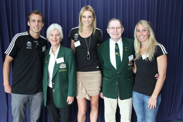 Ryan Gregson, Maureen Wright, Petrina Price, Ron Lord and Casey Eastham get together at the Illawarra Olympic team appeal.