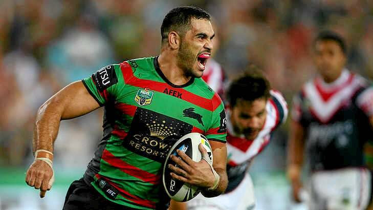 A keeper: Greg Inglis of the Rabbitohs celebrates his try against the Sydney Roosters. Photo: Renee McKay