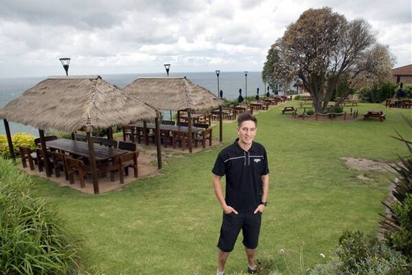 Scarborough Hotel manager Nathan Ball in the pub's popular beer garden, which was named the best in NSW. Picture: ADAM McLEAN