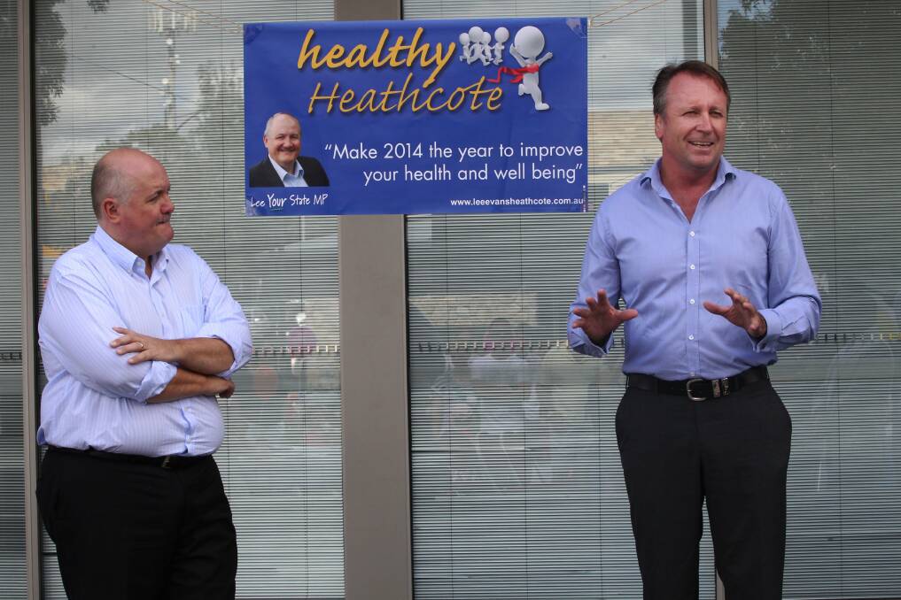 Heathcote MP Lee Evans (left) hopes to shrink the size of his electorate - and his waistline - with a new weight loss program, launched by Minister for Healthy Lifestyles Kevin Humphries. Picture: JANE DYSON