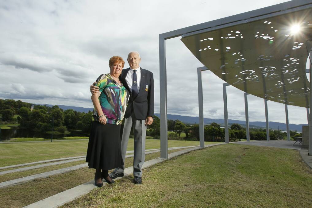 Ann and Bob Harrison overlooking the park in the Shellharbour City Centre named in their honour. Picture: DAVE TEASE