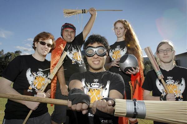 Ezekiel Azib at front, Ben Maloney (left), Jean Claude Seedoyal, Alice Beasley and Brandon Heldt at Quidditch training with the Warriors. Picture: ANDY ZAKELI