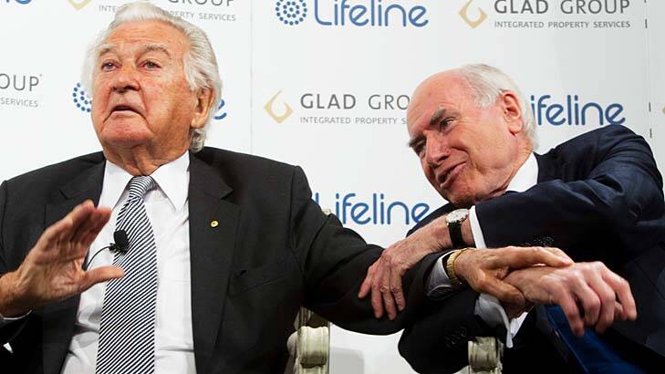 Sparring partners ... former prime ministers Bob Hawke and John Howard at the Lifeline fund-raiser agree to disagree on some issues and simply agree on others.
