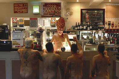 An image from the 2012 Shellharbour Nude Bowling Club calendar, which was released to raise money for a new club. 