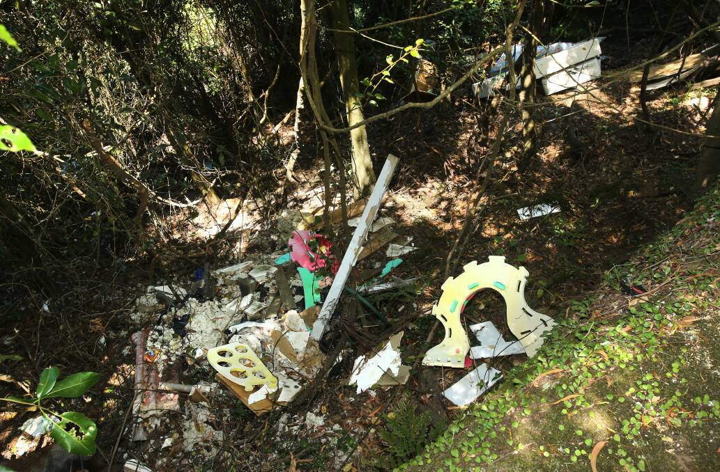 Rubbish dumped illegally near the entrance to the Mount Kembla Ridge trail, near the lookout. Picture: KIRK GILMOUR