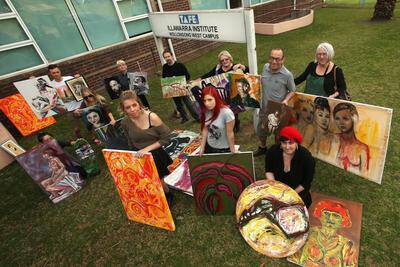 West Wollongong TAFE fine arts students take their 18 Shades of Draper exhibition to the street after TAFE Illawarra Institute management banned media from attending. Picture:  KIRK GILMOUR