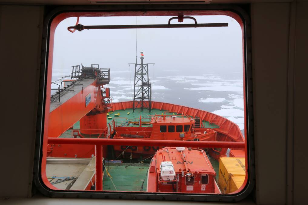 The bow of the Aurora Australis, seen from the bridge, as it steams to the rescue of the Akademik Shokalskiy. Picture: COLIN COSIER
