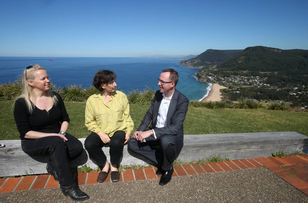 Natasha Watson (left) and Councillor Jill Merrin with MP David Shoebridge on Bald Hill at Stanwell Park. Picture: KIRK GILMOUR