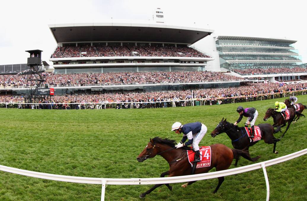Jockey Brett Prebble guides Green Moon to victory in yesterday's Melbourne Cup. Picture: GETTY IMAGES