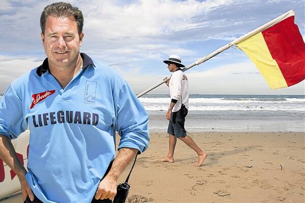Wollongong lifeguard Simon Little at North Wollongong Beach (back). He and his colleagues may soon wear the colours of Bondi Rescue's Rod Kerr (left). Picture digitally manipulated