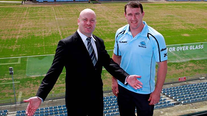 "What I've got to say is that we've made strong decisions, we're happy with the decisions and there'll be more to come out later on in the week but at the moment there's nothing more to say": Cronulla Sharks chairman Damian Irvine, left. Photo: Edwina Pickles