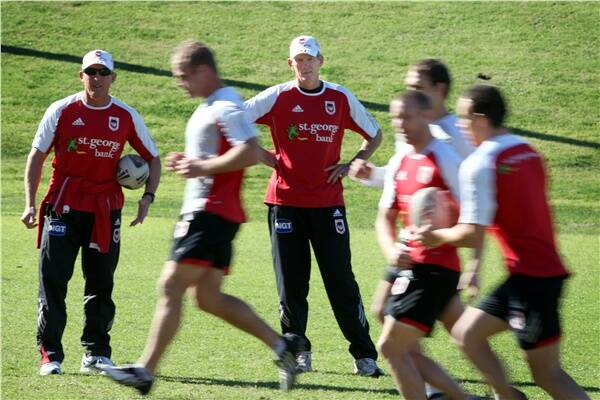 Wayne Bennett, centre, at training in Wollongong. Picture: SYLVIA LIBER