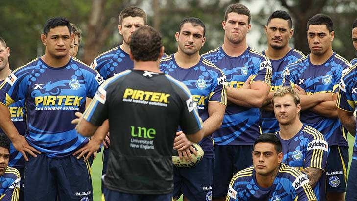 Pep talk ... coach Ricky Stuart talks to Parramatta players at the Eels' pre-season training session at Guildford.