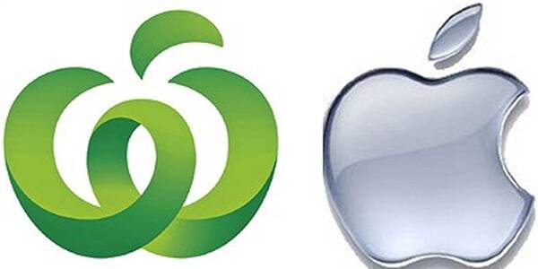 The Woolworths logo, left, and the Apple logo.