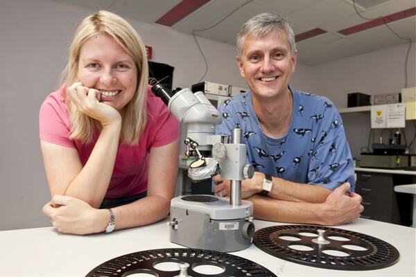 Professor Richard Roberts and a colleague at the UOW Centre for Archaeological Science earlier this year.