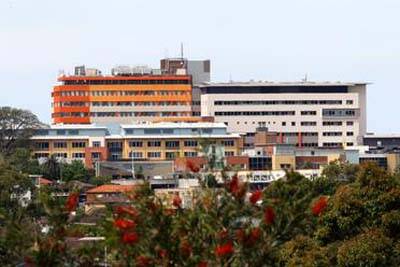 Wollongong Hospital, as seen from the Botanic Gardens.