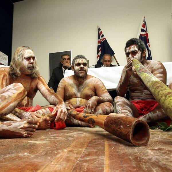 'Historic' day: The Wadi Wadi dancers perform at the signing of the Illawarra Regional Partnership Agreement at Dapto's Ribbonwood Centre yesterday. Picture: ROBERT PEET