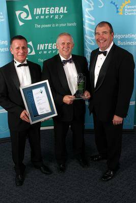 Andy Every (left), Peoplecare’s Michael Bassingthwaighte and Pat Nolan celebrate Michael being named Business Person of the Year