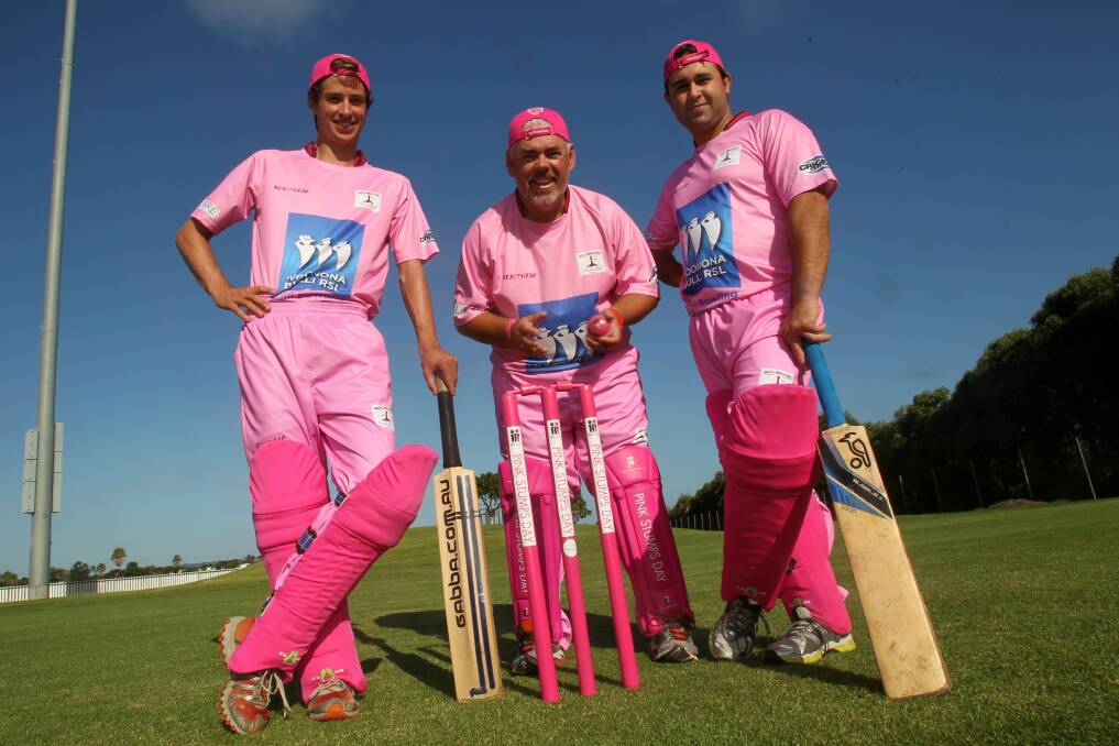 Wollongong's Andrew Hicks, Brett Buckley and Dave Studholme are delighted to support Pink Stumps Day. Picture: GREG TOTMAN