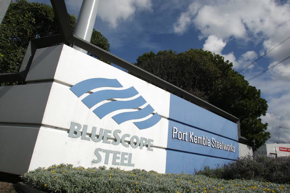 The BlueScope sign at the company's Port Kembla site, still featuring the steelmaker's former corporate brand.