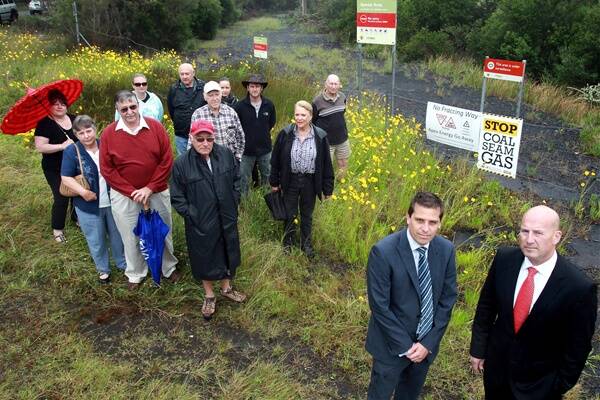 State Opposition Leader John Robertson (right) and Keira MP Ryan Park at Darkes Forest with residents  concerned about coal seam gas mining.  Picture: KIRK GILMOUR