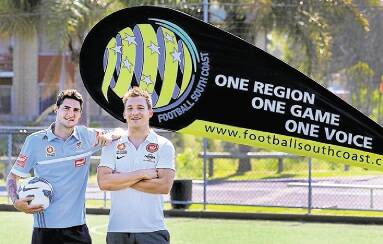 Sign up: Sydney FC's Corey Gameiro (left) and Brendon Santalab (Western Sydney Wanderers) want kids to play football this season.
