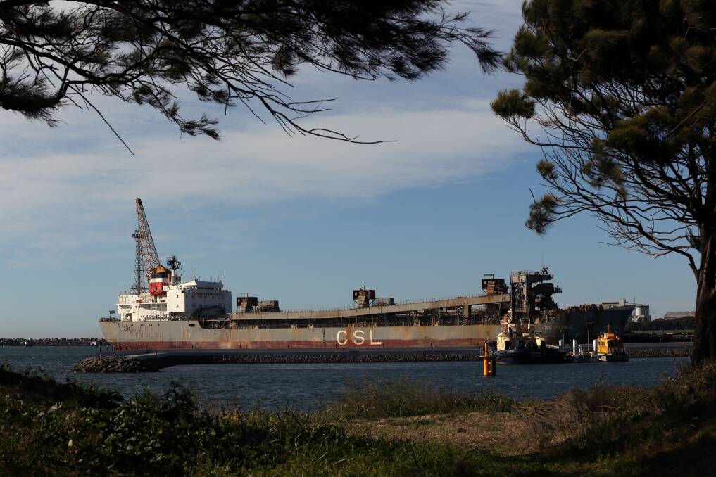 Trouble ahead: The bulk carrier CSL Pacific at Port Kembla's outer harbour. The ship was in port after having brought the first load of soil from Barangaroo to Port Kembla. Picture: ADAM McLEAN