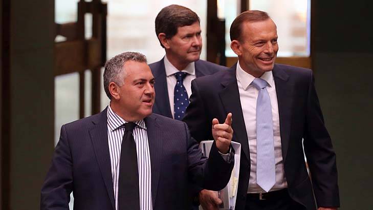 Mr Hockey and Mr Abbott on Monday afternoon. Photo: Andrew Meares