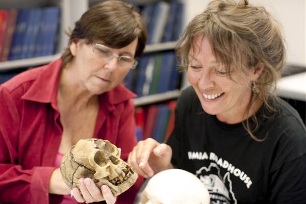 Forensic:  Dr Susan Hayes (right) and Penny Williamson of the UOW with the replica  skull. Picture: MARK NEWSHAM