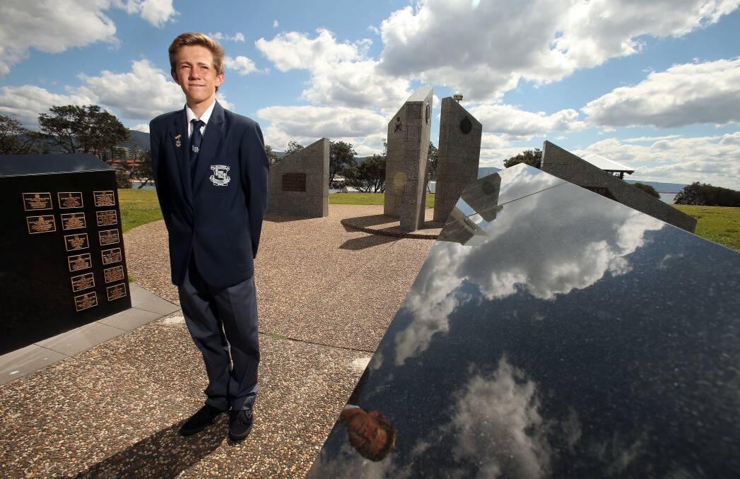 Smith's Hill High student Jack Simmons at the Vietnam Memorial on Flagstaff Hill. Picture: KIRK GILMOUR