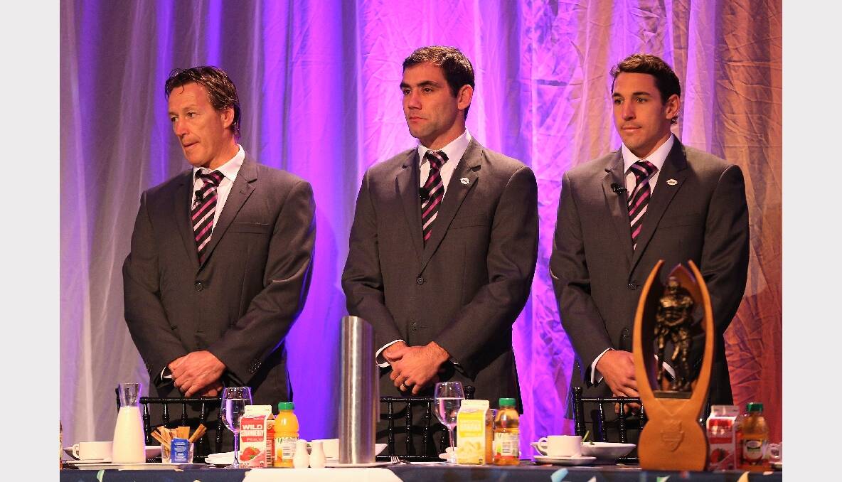 Storm coach Craig Bellamy, captain Cameron Smith and Billy Slater. Photo: GETTY IMAGES