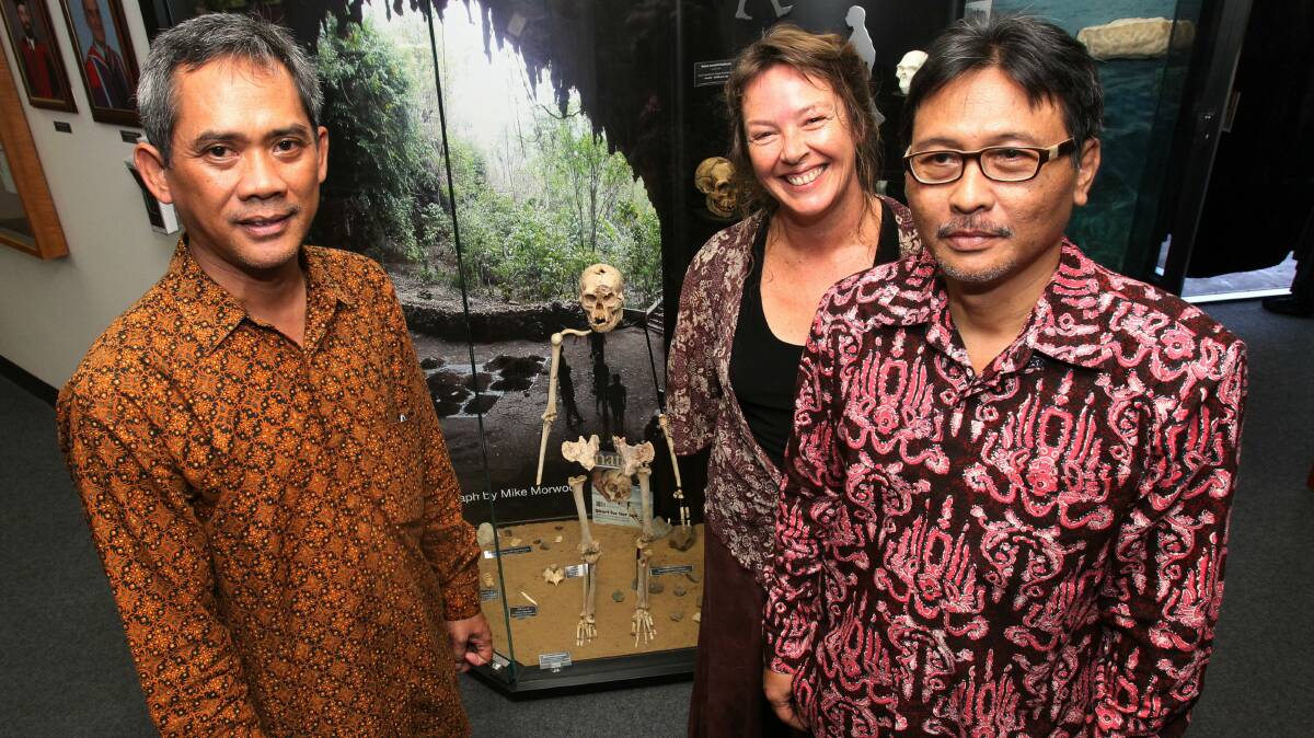 Indonesian archaeologist E.Wahyu Saptomo who uncovered the remains of the Hobbit, UOW research fellow Susan Hayes and Dr Bambang Sulistyanto. Picture: GREG TOTMAN