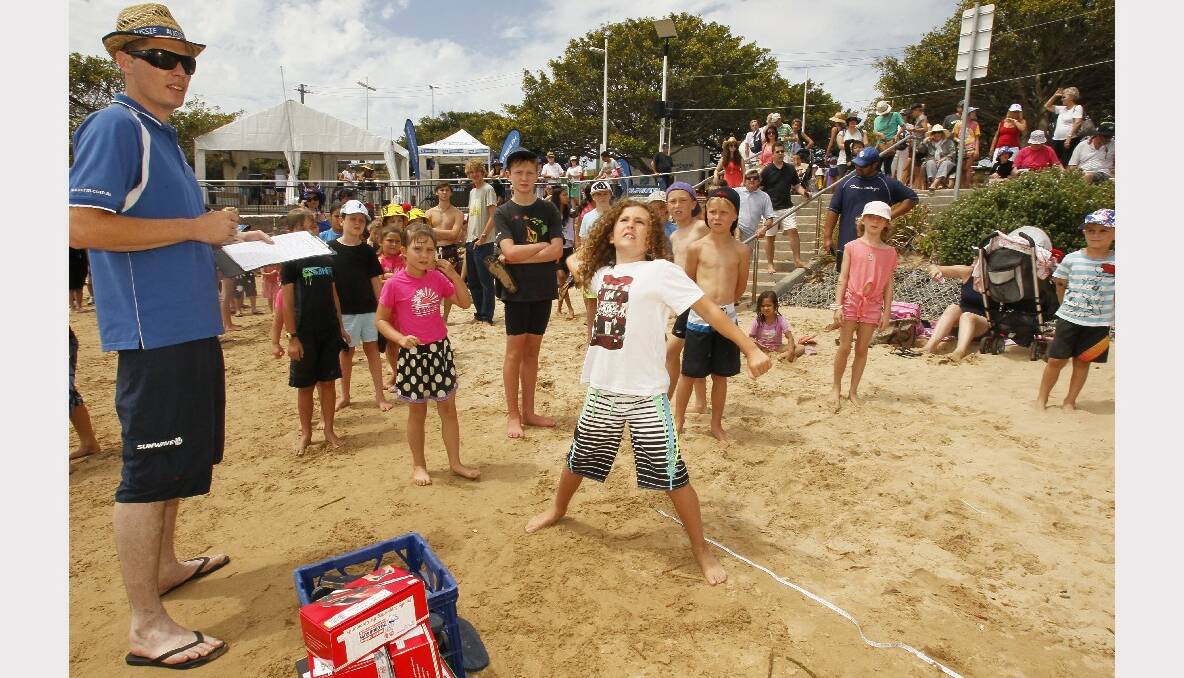 Beckford Taylor, of Figtree in the thong throwing competition at Belmore Basin. Pictures: DAVE TEASE