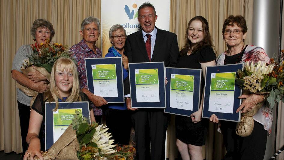 Wollongong City Council’s Australia Day Award winners (from left), Val Ochalski, Dulcie Dal Molin, Wynne Gibson (all Red Point Artists Association), Marty Haynes, Jessica Sparks, Elspeth McCombe, and Mecenzi Howard (front). Picture: DAVE TEASE