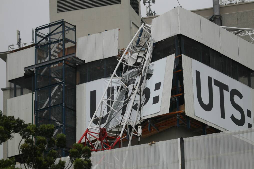 Crane collapses at UTS. Pictures: NICK MOIR