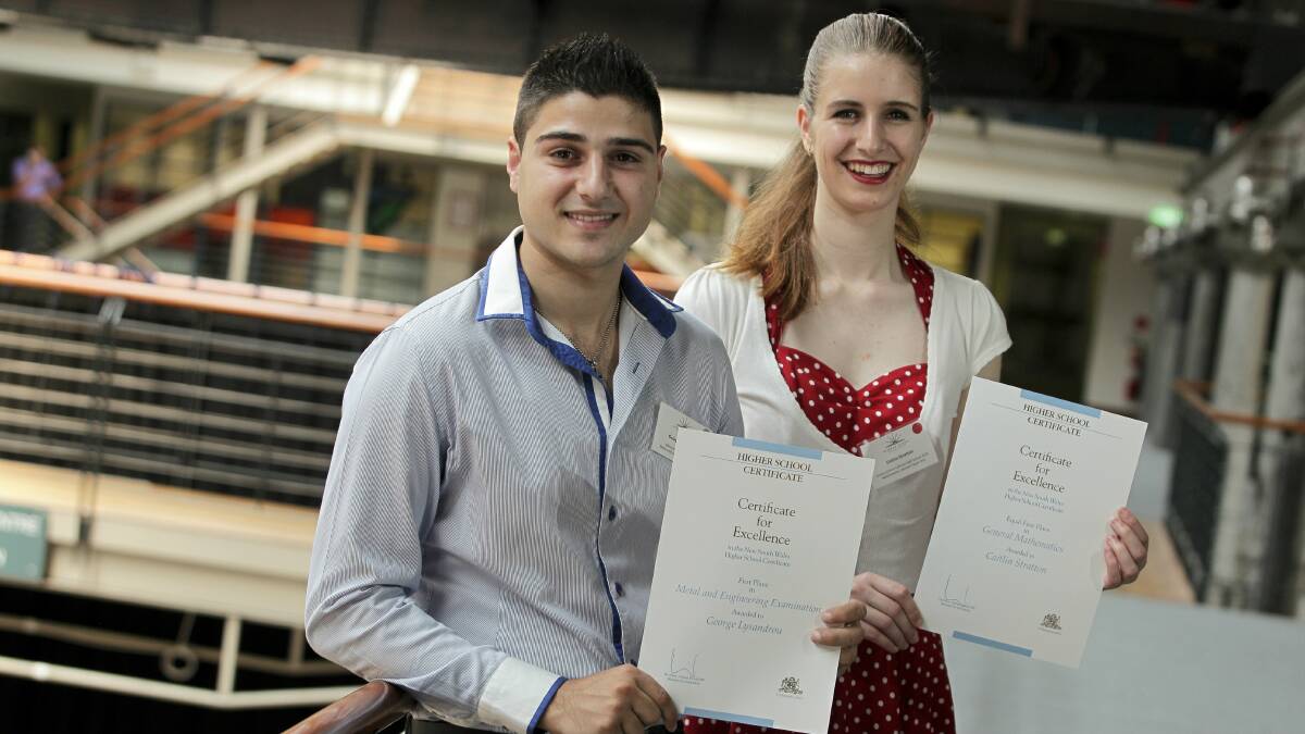 George Lysandrou was awarded first place in the HSC metal and engineering exam and Caitlin Stratton came equal first in general mathematics. Photo: CHRISTOPHER CHAN