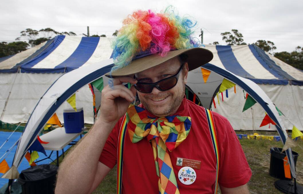 Leader Anthony "Jumbuck" Macarthur clowns around at the circus tent. Picture: ANDY ZAKELI