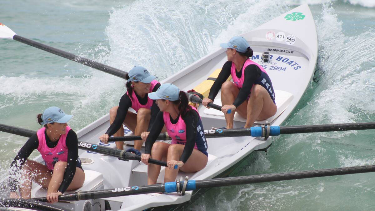 Austinmer women's surfboat crew of Renae Pattison, Amanda Thompson, Belinda Down and Kylie Roodenrys (along with sweep Jack Pattison) will represent NSW at the Navy Australian Open this weekend.