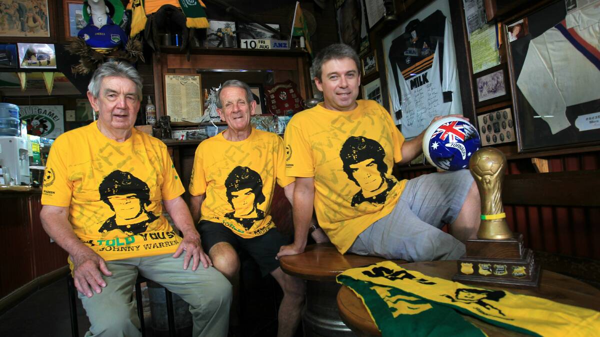 Johnny Warren's brothers Geoff and Ross, and Johnny's nephew Jamie. Picture: ORLANDO CHIODO