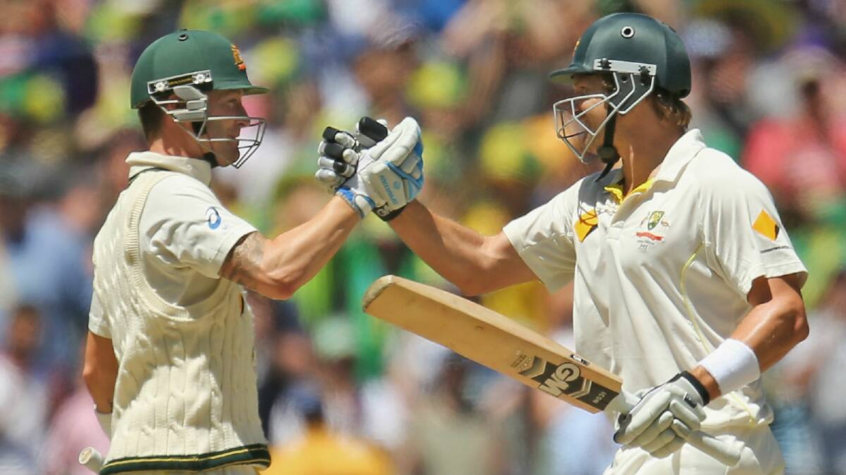 Michael Clarke and Shane Watson celebrate Australia's Fourth Test win. Picture: GETTY IMAGES